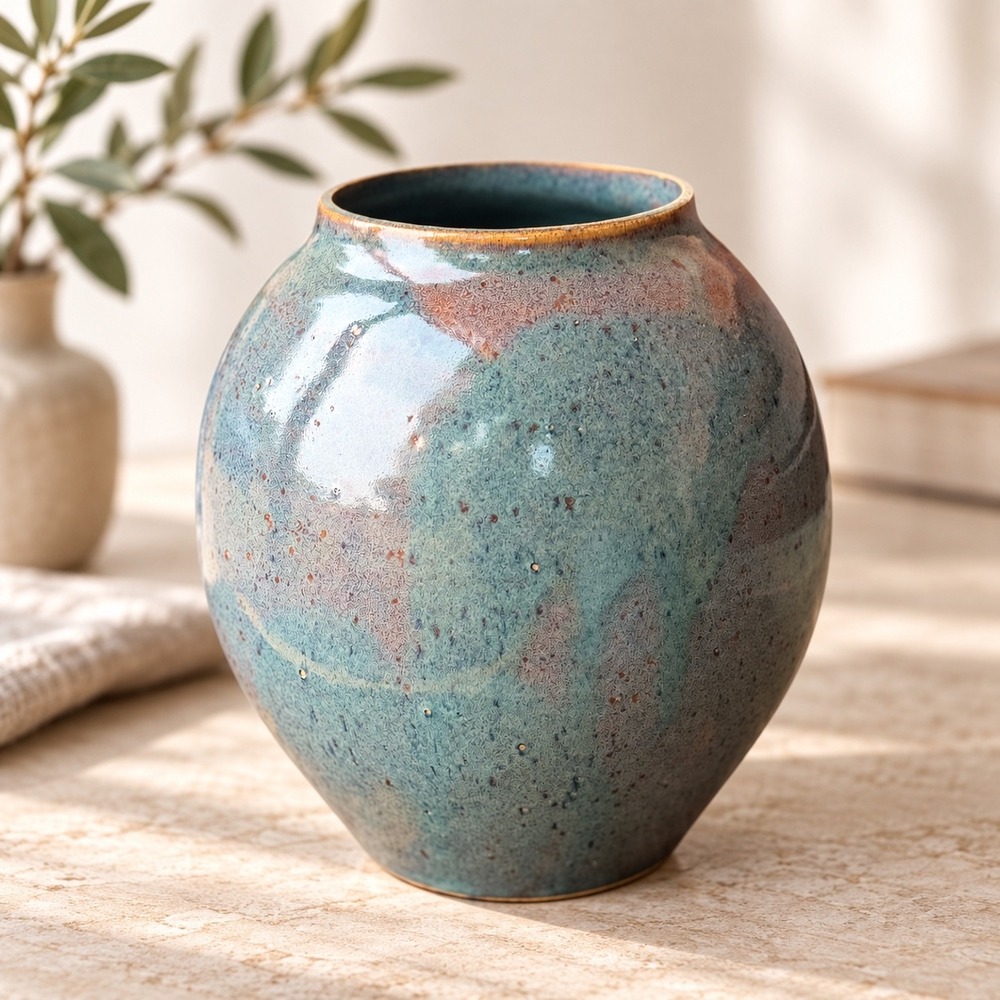Artisan Studio Pottery Reactive Glaze Teal Blue Bulbous Round Vase Potter Mark